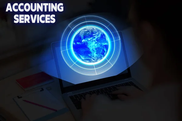Conceptual hand writing showing Accounting Services. Business photo showcasing analyze financial transactions of a business or a demonstrating Elements of this image furnished by NASA. — Stock Photo, Image