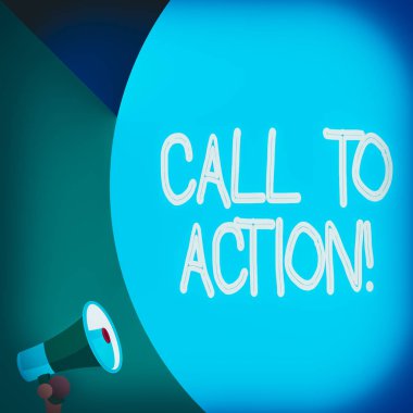 Sözcük yazma: Call To Action. Öğüt vermek için iş kavramı sorunlu bir hedefe ulaşmak için bir şeyler yapar. Yarı boş balon, yarı boş, küçük megafonlu bir yazı. Duyuru.
