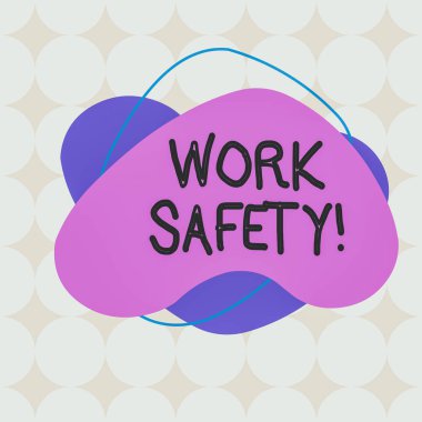 Kelime yazma, Çalışma Güvenliği. Çalışanların sağlığını sağlamak için uygulanan politikalar ve prosedürler için iş konsepti asimetrik biçimsiz şekil şekli nesne ana hatları çok renkli tasarım.