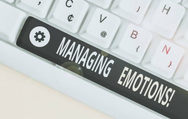 Word writing text Managing Emotions. Business concept for ability be open to feelings and modulate them in oneself White pc keyboard with empty note paper above white background key copy space. clipart