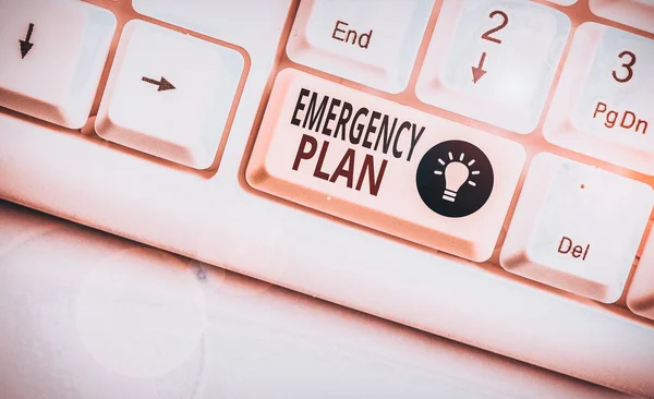 Word writing text Emergency Plan. Business concept for procedures for handling sudden or unexpected situations White pc keyboard with empty note paper above white background key copy space. — Stock Photo, Image