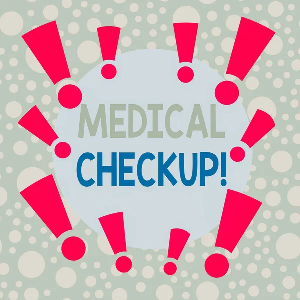 Writing note showing Medical Checkup. Business photo showcasing thorough physical examination includes variety of tests Asymmetrical uneven shaped pattern object multicolour design.