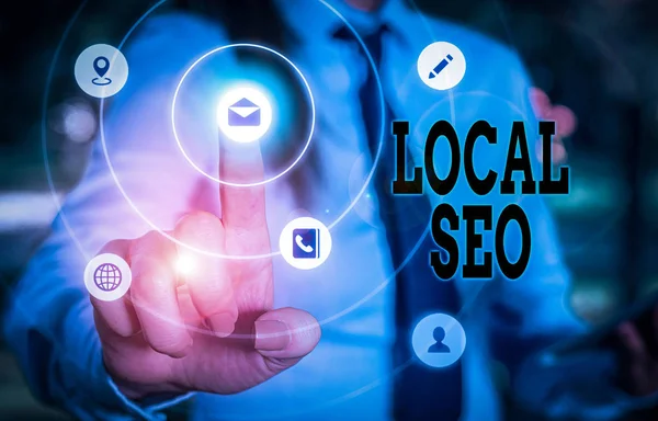 Writing note showing Local Seo. Business photo showcasing optimize your website to rank better for a local audience. — Stock Photo, Image