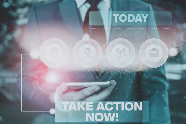 Εννοιολογικό χειρόγραφο που δείχνει το Take Action Now. Business photo showcasing κάνουμε κάτι επίσημο ή εναρμονισμένη επίτευξη στόχου με πρόβλημα Φωτογραφία σχήμα δικτύου με σύγχρονη έξυπνη συσκευή. — Φωτογραφία Αρχείου