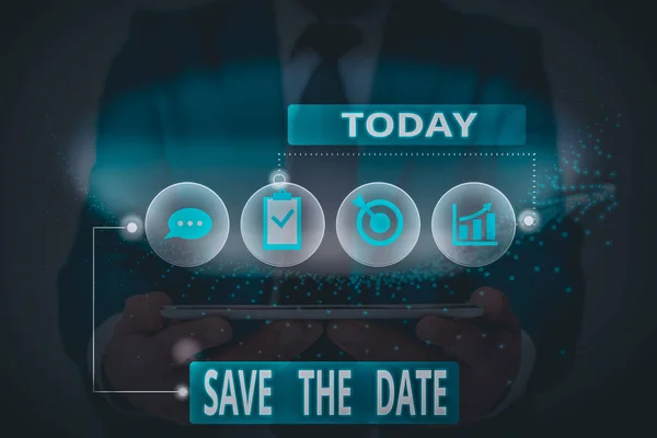 Texto de escrita de palavras Save The Date. Conceito de negócio para eventos sistematizados Atividade programada Gravado Arquivado . — Fotografia de Stock