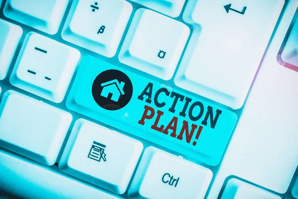 Text sign showing Action Plan. Conceptual photo proposed strategy or course of actions for certain time White pc keyboard with empty note paper above white background key copy space.