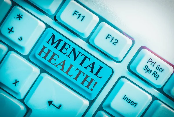 Texto de la escritura Salud mental. Concepto que significa demostraciones condición con respecto a su bienestar psicológico Teclado de PC blanco con papel de nota vacío sobre el espacio de copia de la tecla de fondo blanco . — Foto de Stock