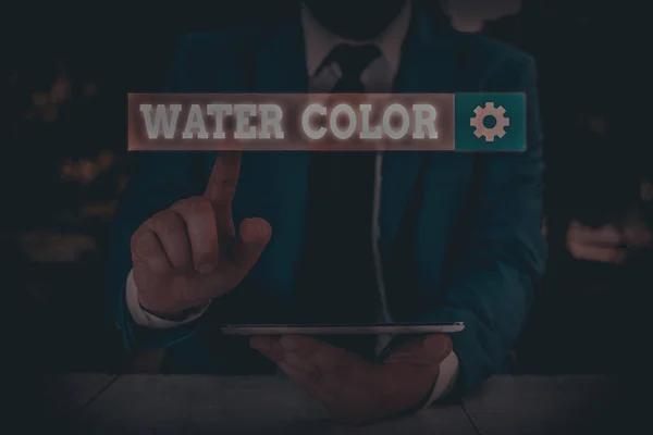 Sinal de texto mostrando a cor da água. Ligante hidrossolúvel foto conceitual, como goma arábica e diluído com água . — Fotografia de Stock