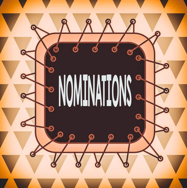Woord schrijven tekst Nominaties. Zakelijk concept voor actie van nomineren of staat wordt genomineerd voor prijs Asymmetrisch ongelijk vormgegeven formaat patroon object outline meerkleurig ontwerp. — Stockfoto