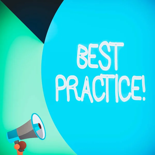 Word Writing Text Best Practice. Geschäftskonzept für kommerzielle Verfahren akzeptiert vorgeschrieben, dass die richtige Hälfte leere riesige Ballon leeren Text mit kleinem Megafon. Ankündigung. — Stockfoto