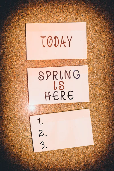 Text sign showing Spring Is Here. Conceptual photo After winter season has arrived Enjoy nature flowers sun Vertical empty sticker reminder memo square billboard corkboard desk paper. — Stock Photo, Image