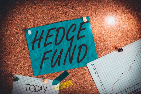 Text sign showing Hedge Fund. Conceptual photo basically a fancy name for an alternative investment partnership Corkboard color size paper pin thumbtack tack sheet billboard notice board.