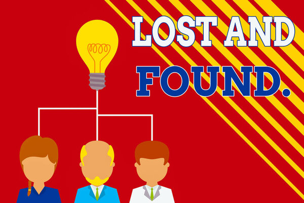 Writing note showing Lost And Found. Business photo showcasing a place where lost items are stored until they reclaimed Group three executive persons sharing idea icon. Startup team meeting.