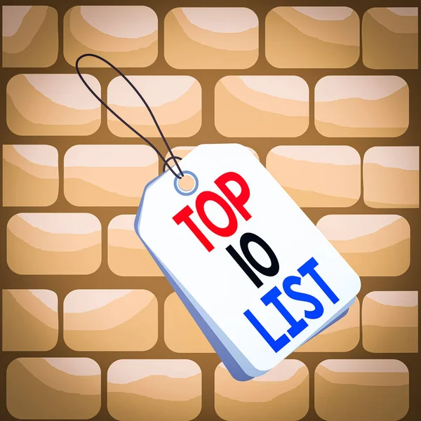 Escritura a mano de texto Top 10 Lista. Concepto que significa los diez elementos más importantes o exitosos en una lista particular Etiqueta rectángulo placa vacía adjunta cadena colorido fondo etiqueta pequeña . — Foto de Stock