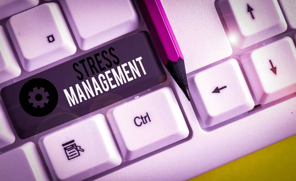Text sign showing Stress Management. Conceptual photo method of limiting stress and its effects by learning ways White pc keyboard with empty note paper above white background key copy space.