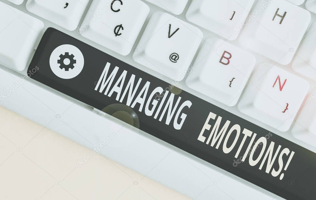 Word writing text Managing Emotions. Business concept for ability be open to feelings and modulate them in oneself White pc keyboard with empty note paper above white background key copy space.