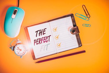 Kelime yazma metni The Perfect Fit. Bulmaca parçaları için iş konsepti İyi takım çalışması Bağlantı Bağlantı Kilitli günlük sayfaları Fare alarmlı saat işaretli arkaplan rengi.
