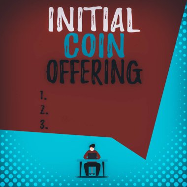 Text sign showing Initial Coin Offering. Conceptual photo crowdfunding using cryptocurrencies raising capital View young man sitting chair desk working open laptop geometric background. clipart