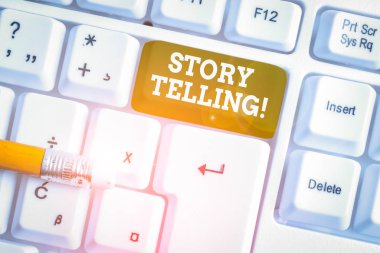 Kelime yazma metin Hikaye Anlatımı. Beyaz arka plan tuşu kopyalama alanının üzerinde boş not kağıdı yla herkese açık Beyaz pc klavyesine yayınlamak için etkinlik yazma hikayelerini gösteren iş fotoğrafı