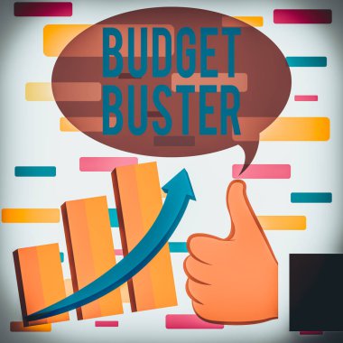 Budget Buster 'ı gösteren bir not yazıyorum. Tasasız Harcama için İş Konsepti Gereksiz Satışlar Fazla Harcama Başparmak İyi Performans Başarı Artan Çubuk Grafik Artırma Oku