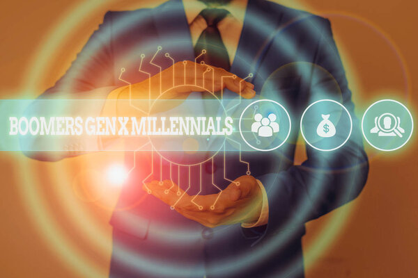 Письменный почерк Бумеров X Миллениалов. Концепция означает, как правило, считается около тридцати лет Мужской человек носить официальный рабочий костюм презентация с использованием смарт-устройство
.