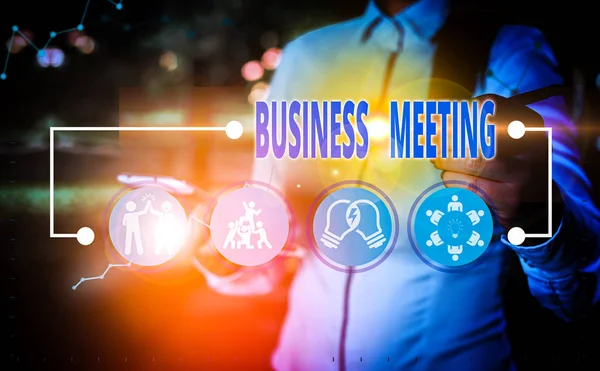 Writing note showing Business Meeting. Business photo showcasing gathering of two or more showing to discuss business ideas.