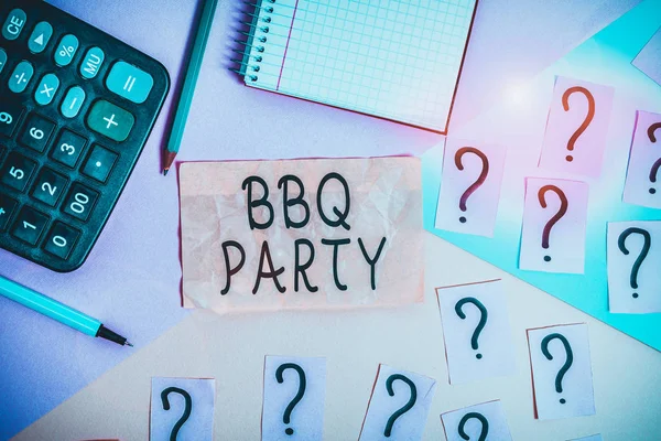 Writing note showing Bbq Party. Business photo showcasing usually done outdoors by smoking meat over wood or charcoal Mathematics stuff and writing equipment above pastel colours background.