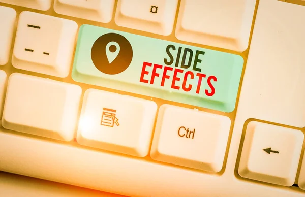 Text sign showing Side Effects. Conceptual photo secondary undesirable effect of a drug or medical treatment White pc keyboard with empty note paper above white background key copy space.