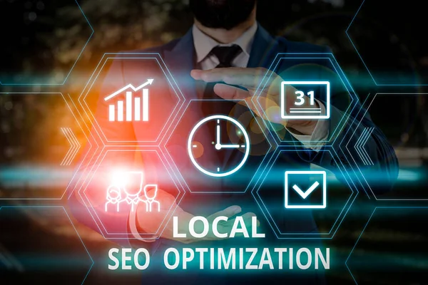 Word writing text Local Seo Optimization. Business concept for increase Search Visibility to Rank on Top list Male human wear formal work suit presenting presentation using smart device. — Stock Photo, Image