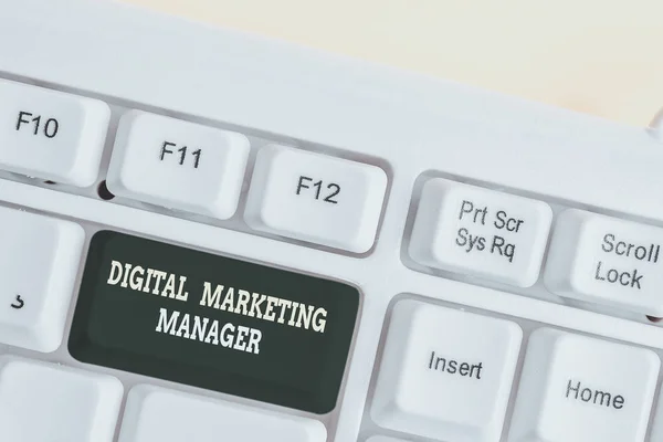Word writing text Digital Marketing Manager. Business concept for optimized for posting in online boards or careers White pc keyboard with empty note paper above white background key copy space.