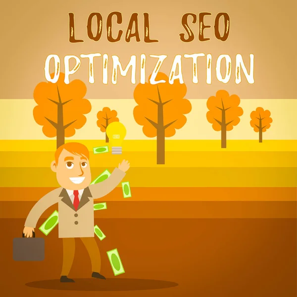 Conceptual hand writing showing Local Seo Optimization. Business photo text increase Search Visibility to Rank on Top list Successful Businessman Generating Idea or Finding Solution. — Stock Photo, Image