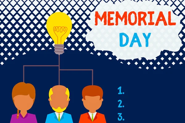 Conceptual hand writing showing Memorial Day. Business photo text remembering the military demonstratingnel who died in service Three executive persons sharing idea Startup team meeting.