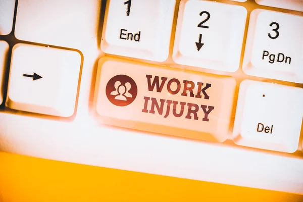 Text sign showing Work Injury. Business photo text illness caused by events or exposures in the work environment
