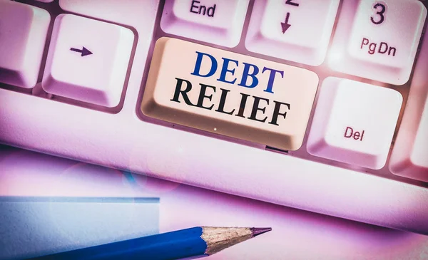 Conceptual Hand Writing Showing Debt Relief Concept Meaning Reduction Amount — Stock Photo, Image