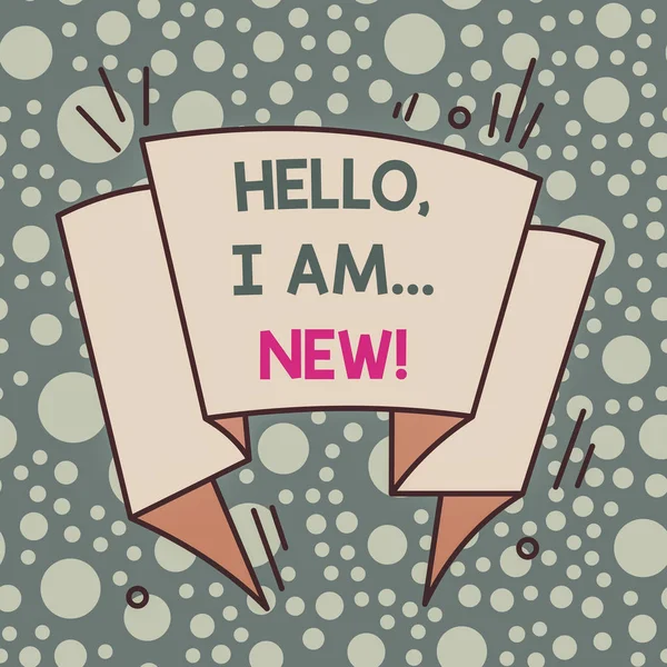 Writing note showing Hello I Am New. Business concept for introducing oneself in a group as fresh worker or student Asymmetrical uneven shaped pattern object multicolour design
