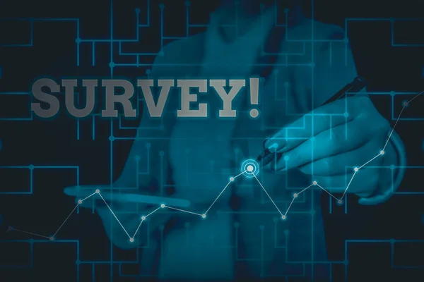 Conceptual hand writing showing Survey. Concept meaning research method used for collecting data from a predefined group Woman wear formal work suit present using smart latest device