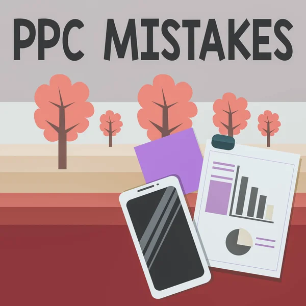 Writing note showing Ppc Mistakes. Business concept for judgment that is misguided or wrong in pay per click scheme Layout Smartphone Sticky Notes with Pie Chart and Bar Graph