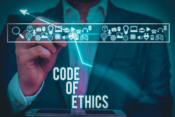 Escribiendo Nota Mostrando Código Ética Concepto Negocio Para Reglas Morales — Foto de Stock