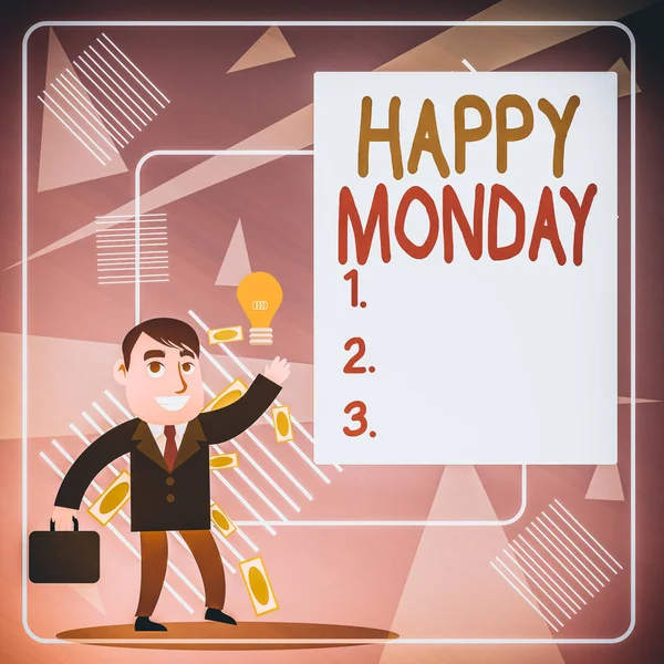 Word writing text Happy Monday. Business photo showcasing telling that demonstrating order to wish him great new work week Successful Businessman or Clerk Generating Good Idea or Finding Solution