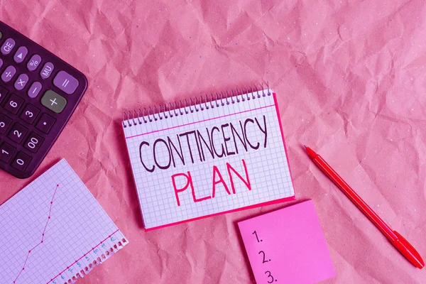 Text sign showing Contingency Plan. Conceptual photo A plan designed to take account of a possible future event Papercraft craft paper desk square spiral notebook office study supplies.