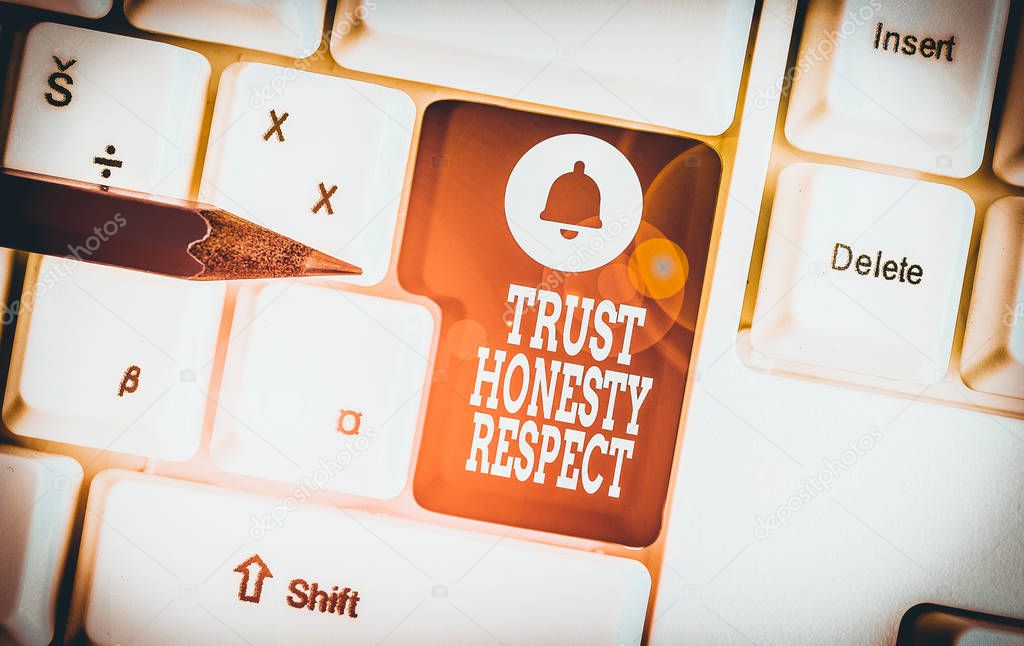 Conceptual hand writing showing Trust Honesty Respect. Business photo showcasing Respectable Traits a Facet of Good Moral Character White pc keyboard with note paper above the white background.
