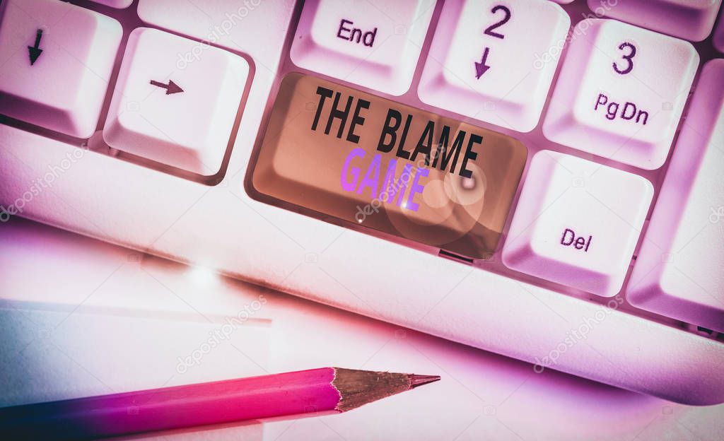 Word writing text The Blame Game. Business photo showcasing A situation when showing attempt to blame one another White pc keyboard with empty note paper above white background key copy space