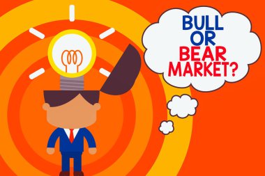 Kelime yazma saçmalığı mı yoksa ayı pazarı sorusu mu? Birisine pazarlama metodunu sormak için iş konsepti. Başarılı bir adam kravatı takıyor ve yenilikçi çözümler üretiyor..