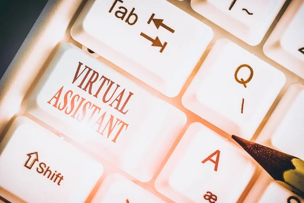 Writing note showing Virtual Assistant. Business photo showcasing demonstrating who provides various services to entrepreneurs.