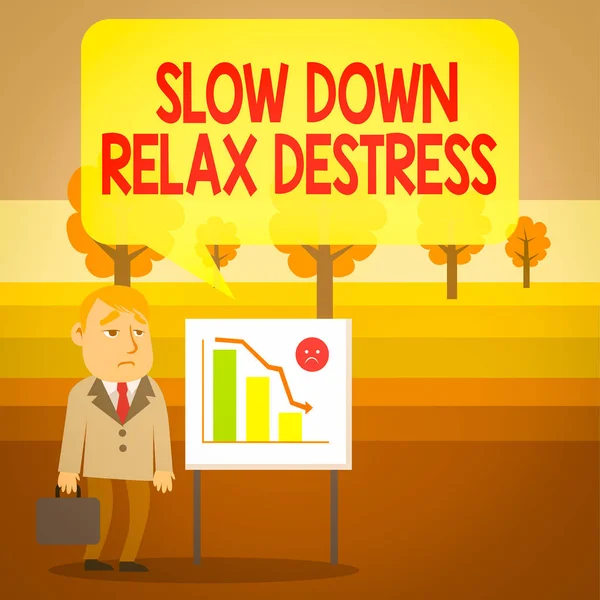 Концептуальний почерк, що показує Slow Down Relax Destress. Ділові фотографії, що демонструють заспокійливість, приносять щастя і приносять вам гарний настрій Бізнесмен з короткою справою Постійний дошка бар діаграма . — стокове фото