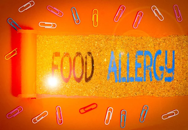 Writing note showing Food Allergy. Business photo showcasing an abnormal immune response after eating a certain food.