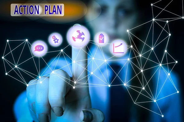 Word writing text Action Plan. Business concept for detailed plan outlining actions needed to reach goals or vision Picture photo system network scheme modern technology smart device.