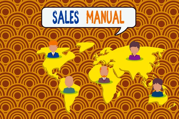 Conceptual hand writing showing Sales Manual. Business photo showcasing set of printed materials containing product descriptions Connection multiethnic persons all Global business earth map.