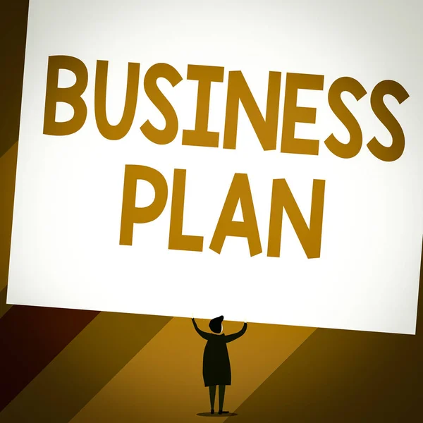 Conceptual hand writing showing Business Plan. Business photo showcasing Structural Strategy Goals and Objectives Financial Projections Short hair woman dress hands up holding blank rectangle. — 스톡 사진