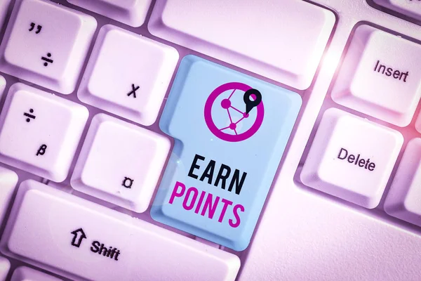 Conceptual hand writing showing Earn Points. Business photo text getting praise or approval for something you have done White pc keyboard with note paper above the white background.